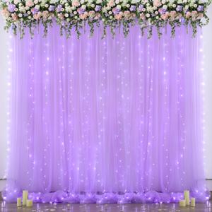 Lavender Tulle Backdrop Curtain with Led Lights for Wedding Baby Shower Girls 10ft X 8ft Lilac Lavender Sheer Backdrop Curtain for Birthday Party Bridal Shower Photoshoot Background Decorations