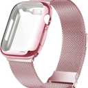 Geoumy Metal Magnetic Bands Compatible for Apple Watch Band 44mm with Case, Stainless Steel Milanese Mesh Loop Replacement Strap Compatible with iWatch Series 10-1 SE Women Men, Rose Rose Pink