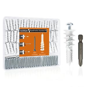 200Pcs Drywall Anchors and Screws Kit, 100Pcs Self-Drilling Plastic Wall Anchors with 100Pcs #8 Phillips Screws & PH2 Bit, Heavy Duty Anchors for Hanging Pictures, Shelves, Home Mounting