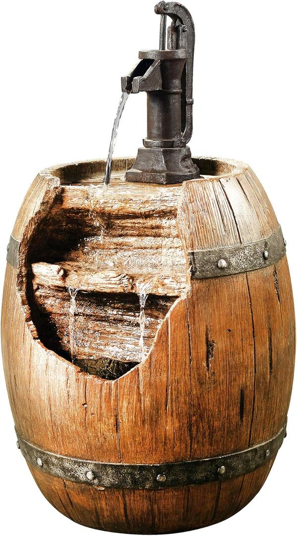 7 x Teamson Home Vintage Barrel Waterfall Fountain with Pump for Outdoor Patio Garden Backyard Decking, 33 Inch Height, Wood