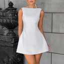 Women's Sexy Sleeveless Boat Neck A-Line Backless Mini Dress Formal Graduation Wedding Club Party Short Dresses, White, Medium