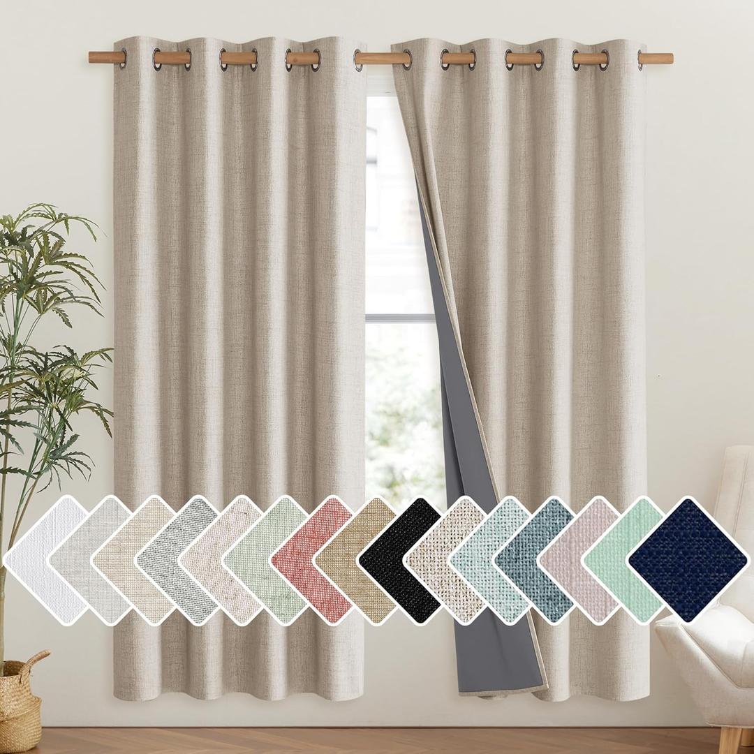 NICETOWN Oatmeal Bedroom Full Blackout Linen Curtain Panels Set of 2, 52" by 72", Thick Insulated Classic Grommet Blackout Draperies with White Thermal Insulated Liner for Windows