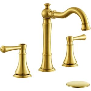 Brushed Gold Faucet Bathroom 8 inch Widespread for 3 Holes with Plastic Pop-Up Drain, Classical 2-Handle Gold Bathroom Vanity Sink Faucets, High Arc 360° Brass Swivel Spout