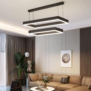 Modern Chandeliers for Living Room, 2-Ring Rectangles Pendant Light Kitchen Island Fixtures, Dimmable LED Chandelier for Dining Room Bedrooms, Black (40CM/60CM), 15.7+23.6in