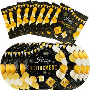 40 PCS of Retirement Party Plates and Napkins, 20 Sets of Disposable Tableware Sets for Men's and Women's Gold and Black Party Decorations for Happy Retirement Parties