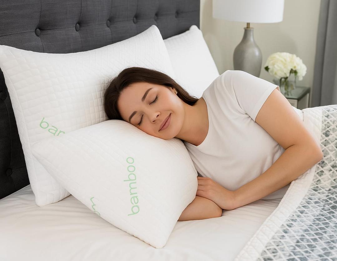 King Size Rayon Derived from Bamboo Pillows, Cooling Shredded Memory Foam Pillow Sets for Sleeping for Back, Stomach, Side Sleepers, Adjustable, Washable Cover,King (Pack of 1)