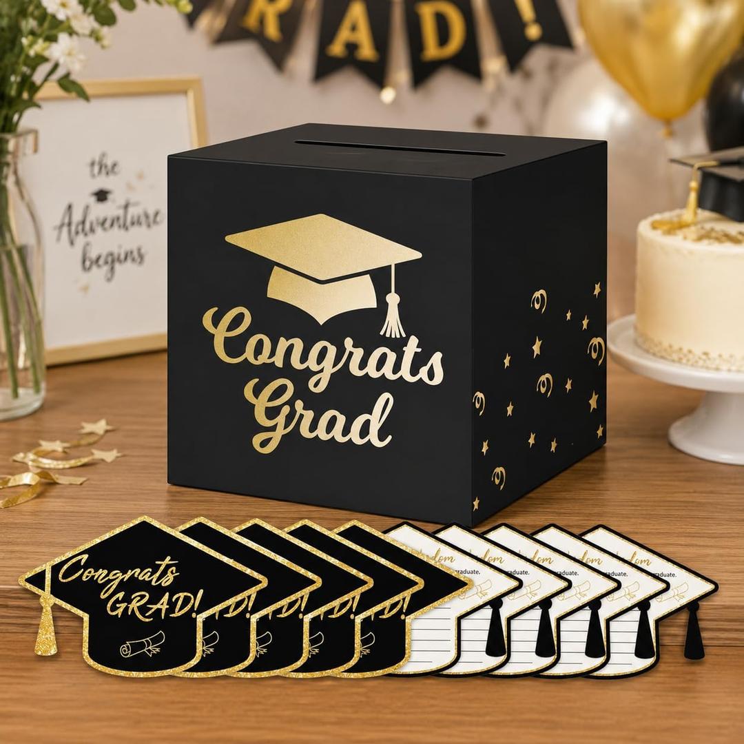 2 x Graduation Card Box with 30 Advice Cards, 31 Pcs Class of 2026 Graduation Decorations, 9 x 9 x 9 Inch Foldable Money Box and Wish Cards for Grad Party Gift Table, Black