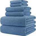 POLYTE Oversize, 60 x 30 in., Quick Dry Lint Free Microfiber Bath Towel Set, 5 Piece (Waffle Weave), Blue