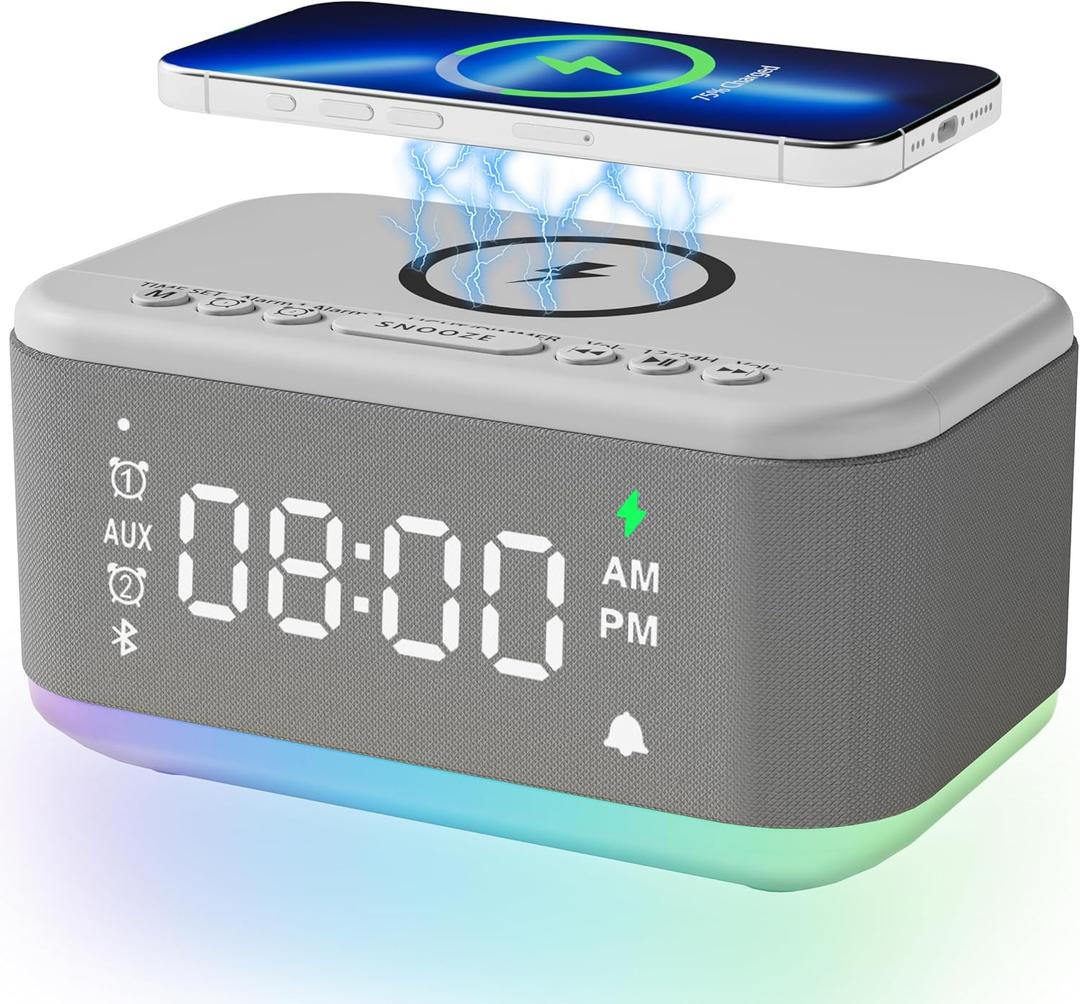Alarm Clock Speaker Wireless Charger, Digital Alarm Clocks Bedrooms Bluetooth, Alarm Clock Dimmable Light Bedrooms Dual Alarm Snooze Dimmer 12 24H RGB Night Light Bluetooth USB AUX, Gray