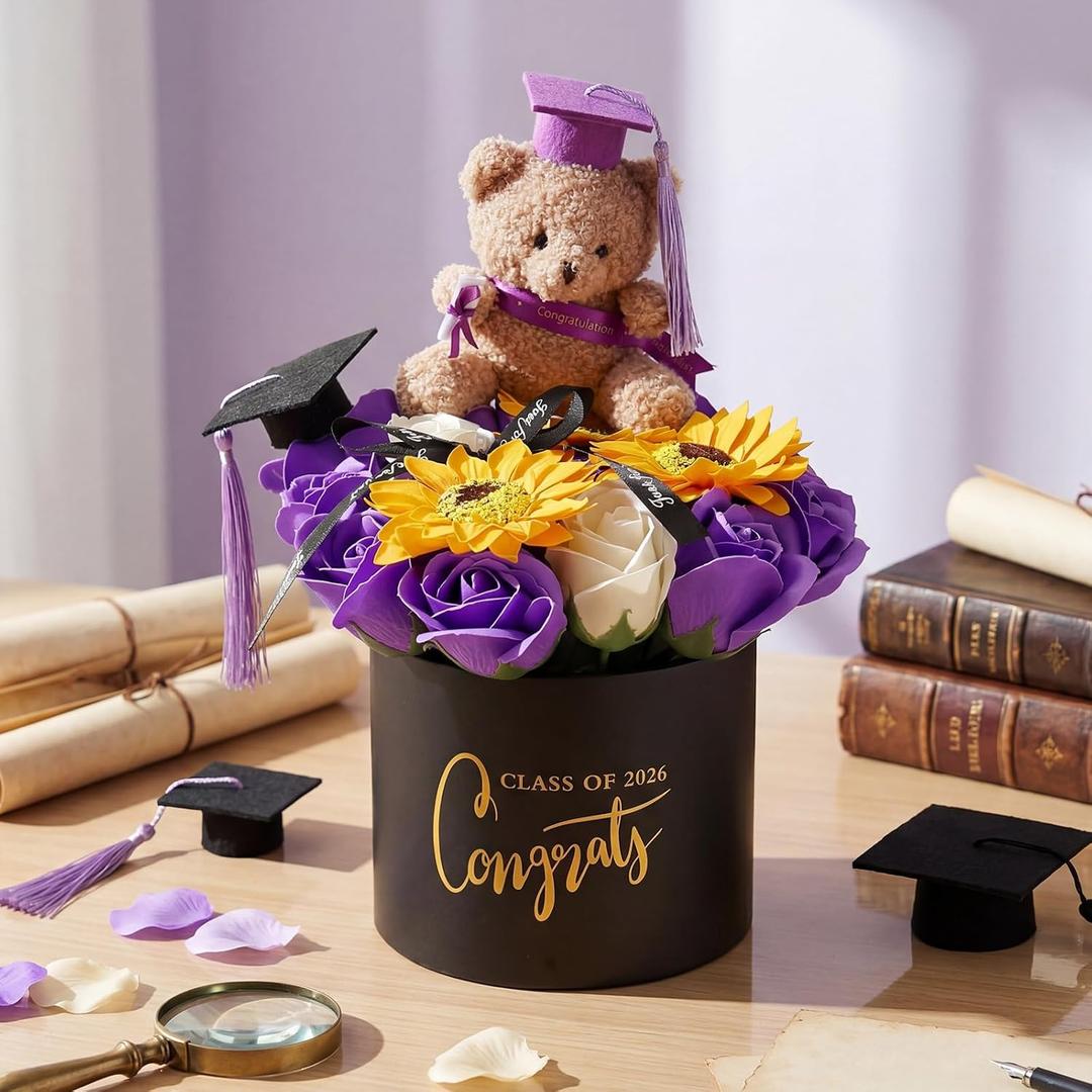 Civaner Graduation Bear Bouquet Class of 2026 Gard Gifts Set Soap Roses and Sunflower Bouquet with Mini Plush Bear Congrats Grad Gift Box for High School College Graduates(Purple)