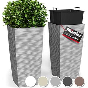 Mueller M-Resin Heavy Duty Tall Planters for Outdoor Plants, Indoor Grande Plant Pots, Boxes, Trees, Flower Pots, 2-Piece Set, 18”, Modern Design, Built-in Drainage, Front Porch Decor, Light Grey