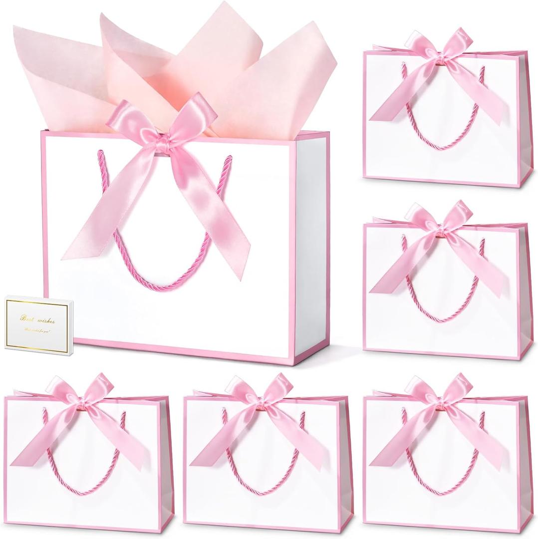 DOYIDE 30 Pcs Thank You Gift Bags with Tissue Paper, 9x7x3.1in Paper Gift Bags with Handles, Gift Wrap Bags with Bow Ribbon for Wedding Birthday Baby Shower Bridesmaid Party (White and Pink)