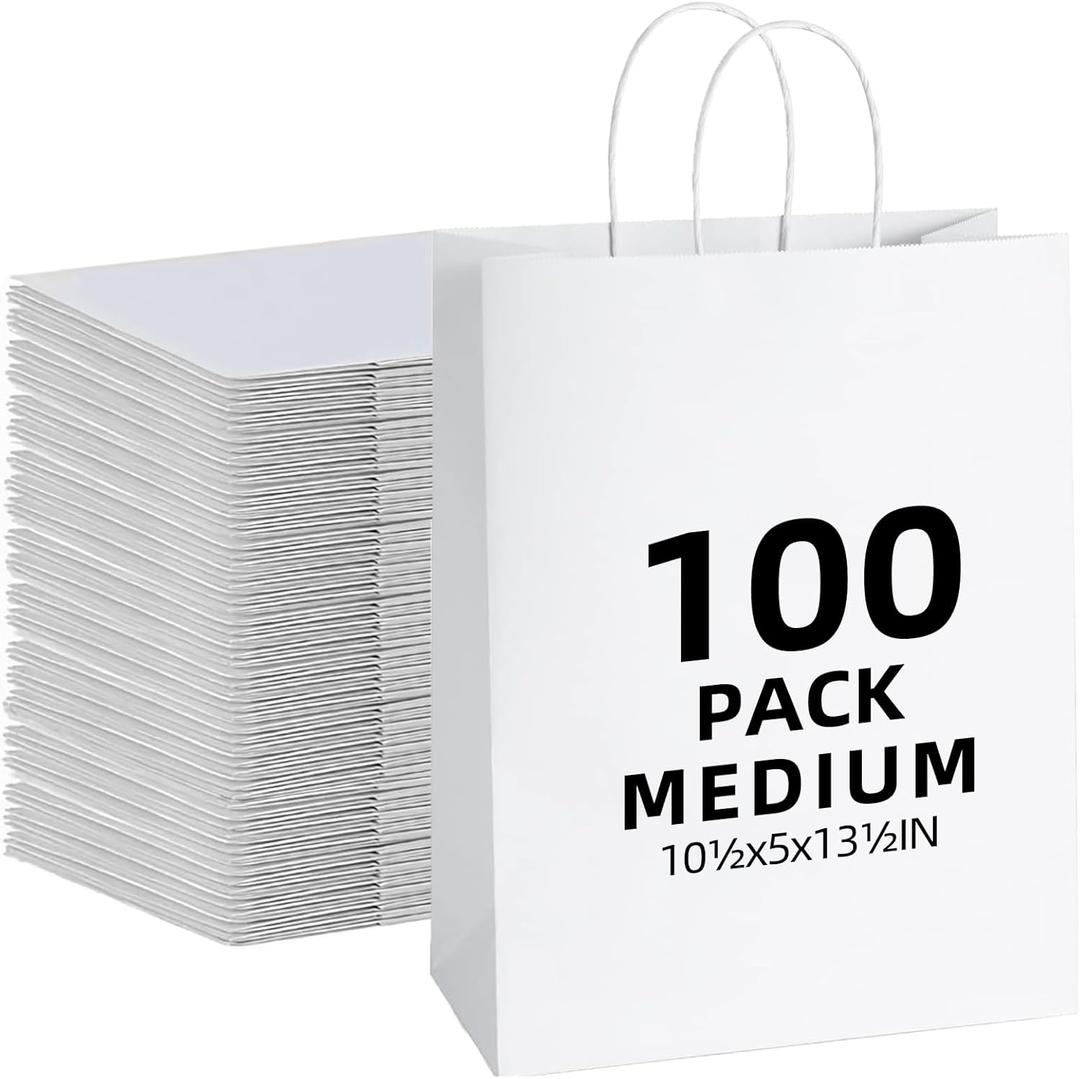 100Pcs 40 LB White Paper Gift Bags Bulk with Handles 10 x 5 x 13 Inch - Medium Size Kraft Goodie Bag, Blank Paper Bags for Shopping Retail, Birthdays, To Go, Small Business, Weddings, Parties, Lunch