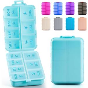 New Foldable & Double Protection Portable Weekly Pill Organizer 2 Times A Day with Etched Labels, AM PM 7 Day Week Medicine Box, Daily Travel Pill Case Dispenser for Vitamin, Supplement - Sky Blue