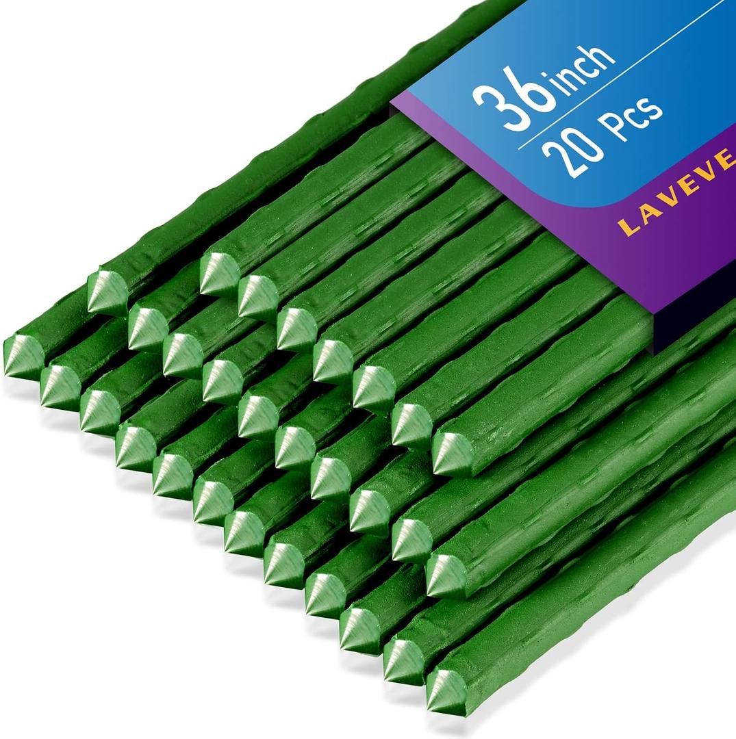 LAVEVE Garden Stakes 36 Inches Heavy Duty Steel Tomato Stake, Plastic Coated Support for Securing Trees, Climbing Plants, Cucumber, Beans, Pack of 20