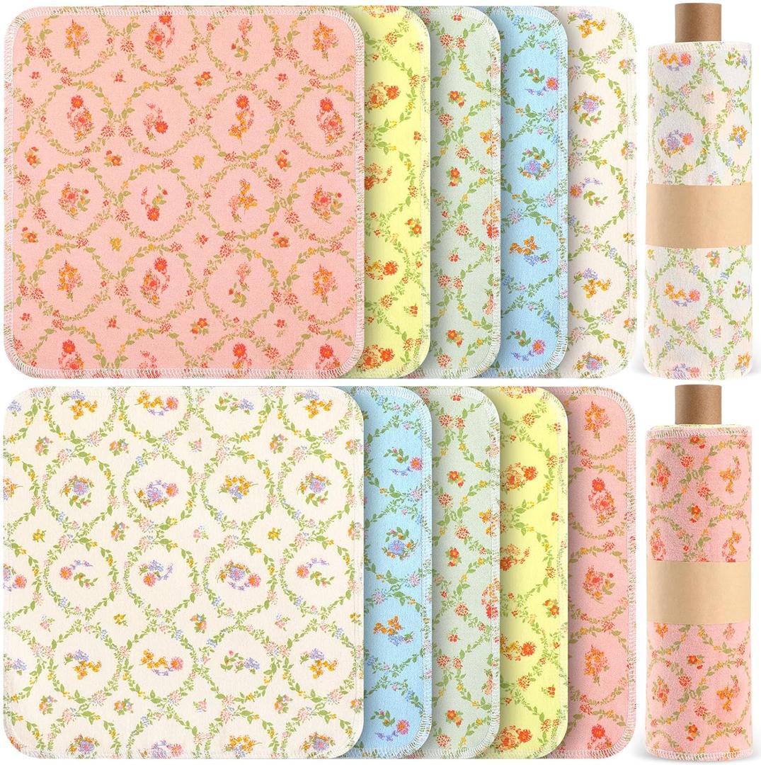 Redbaker 50 Pcs Reusable Paper Towels Paperless Reusable Cotton Cloths Toilet Absorbent Washable Paper Towels with Roll Kitchen Dishcloth for Kitchen Paperless Dishcloths(Floral Wreath)