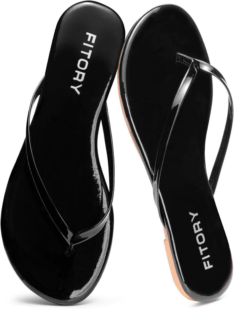 FITORY Womens Flip Flops, Fashion Casual Thong Walking Slide with Vegan Leather, Comfortable Summer Beach Flat Sandals for 2025 Indoor and Outdoor, Size 8, Black Patent)