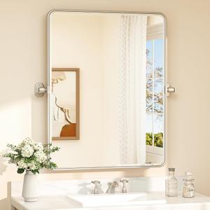 TETOTE Pivot Bathroom Mirror Satin Nickel 24 x 30 Silver Tilting Beveled Rectangle Metal Framed Mirror, Farmhouse Adjustable Tilt Rounded Corner Vanity Mirror, Horizontal/Vertical, Easy to Install