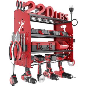Power Tool Organizer Wall Mount with Charging Station [5-Layer Loads 220lbs Heavy Duty] Metal Tool Storage Rack Drill Holder,Battery Utility Rack Loads with 6 Power Strip (Red)