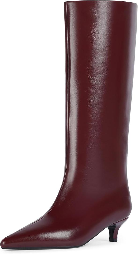 Knee High Boots Women Slip on Low Kitten Heel Tall Boots Pointed Toe Long Fall Boots for Women (6, Burgundy)