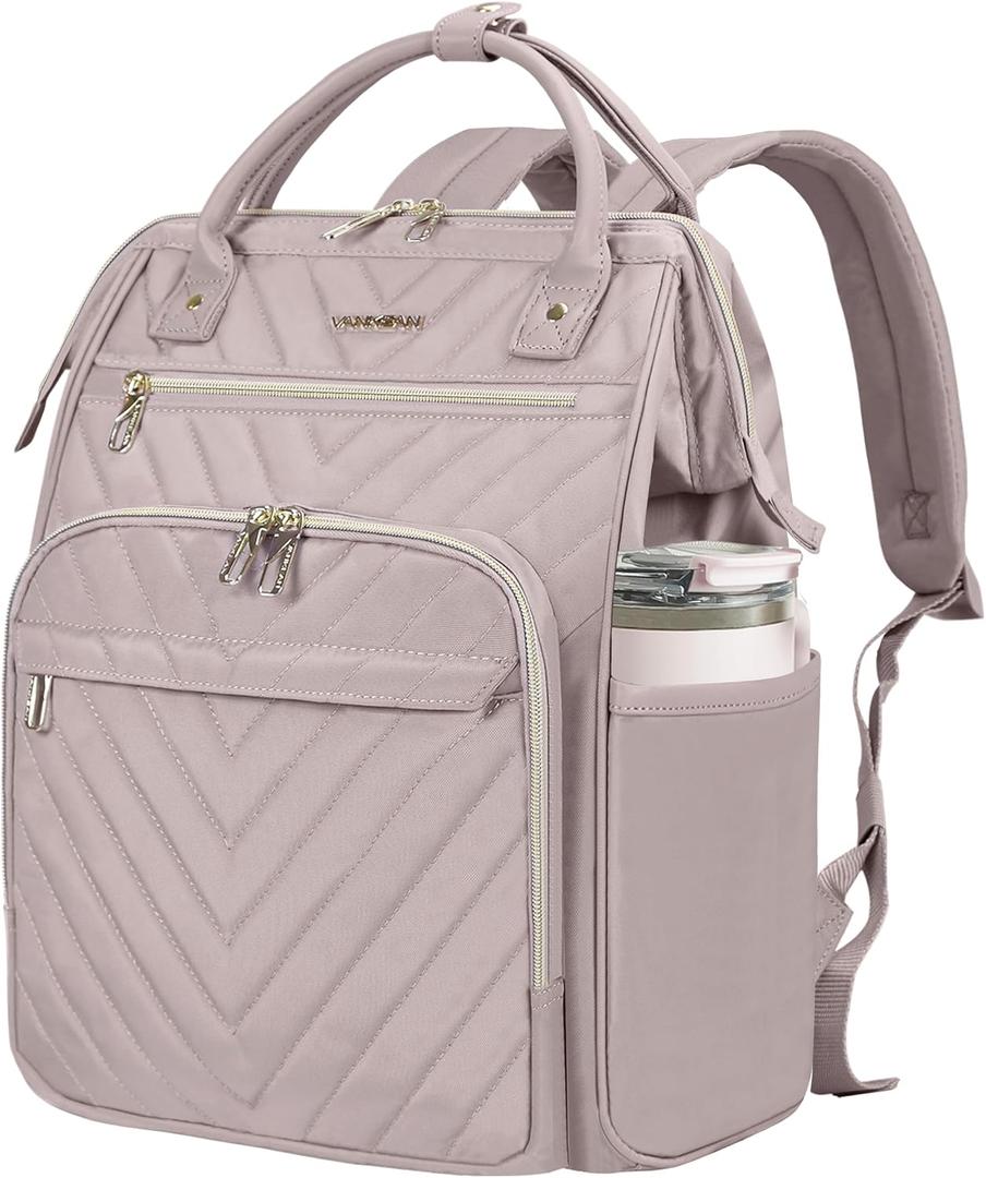 VANKEAN 17 Inch Laptop Backpack for Women Men Fashion Computer Work Bag, Large Capacity Waterproof Backpack with USB Port & RFID Pockets, College Daypack Business Travel Backpack, Light Dusty Pink