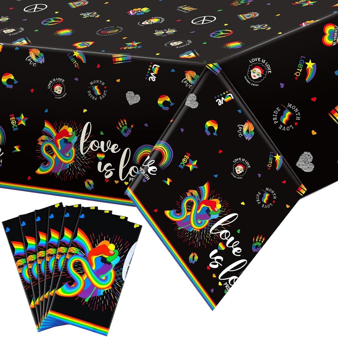 Bencailor 6 Pcs Rainbow Pride Tablecloth 54 x 108 Inches Gay LGBT Rectangular Table Cover Disposable Plastic Rainbow Table Cloth for Parade Pride Month Party Supplies