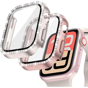 Goton 2-Pack Bling Case for Apple Watch Screen Protector 44mm SE 3/2/1, Series 6 5 4, Women Diamond Rhinestone Bumper Face Cover for iWatch Accessories 44 mm (Starlight+Rose Gold)