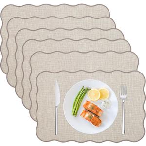 Cloth Placemats Set of 6 Faux Linen Scalloped Edge Rectangular Table Mats Washable Heat Resistant for Dining Table Kitchen Restaurant Beige, 12" x 18"