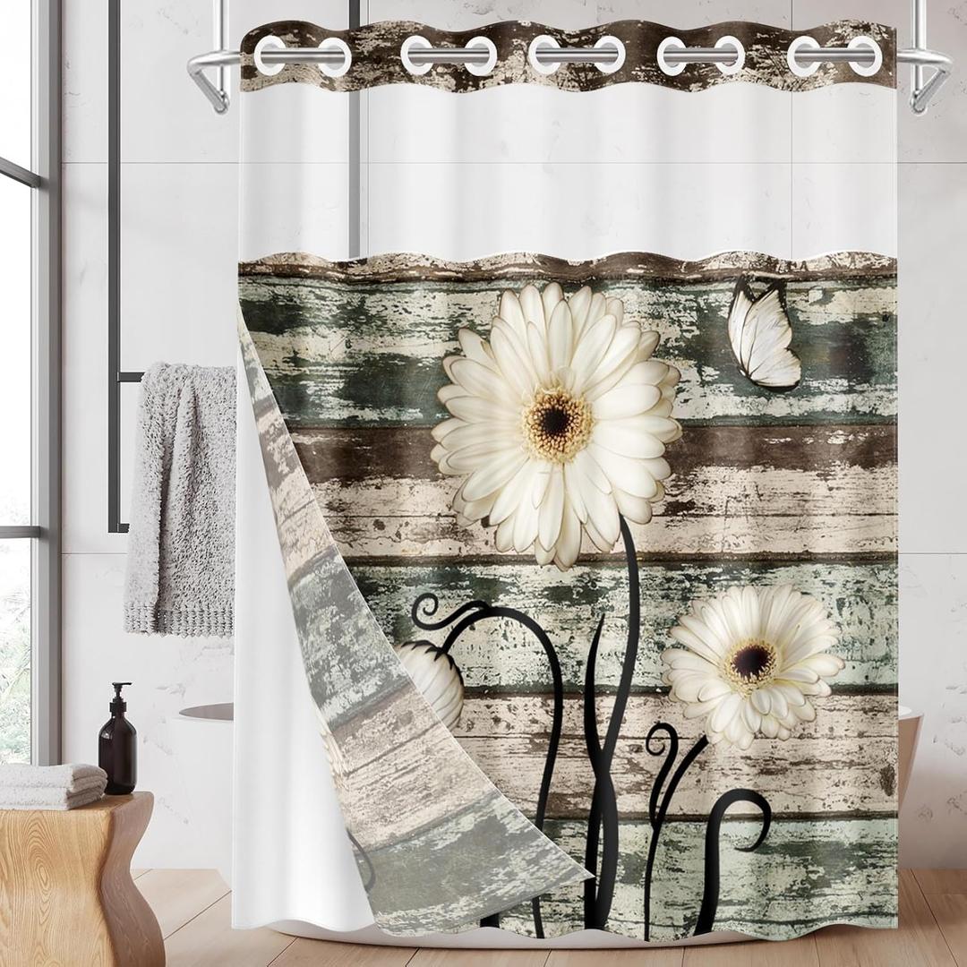No Hook Vintage Flower Shower Curtain with Snap in Fabric Liner Set, Daisy Wooden Boards Double Layers Waterproof Fabric with See Through Top Window Open Grommet Bath Curtain 71x86 Inch