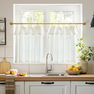jinchan Linen Tier Curtains with Attached Valance for Kitchen Windows 24 Inch Length Farmhouse Cafe Curtains for Small Windows Light Filtering Rustic Short Drapes for Bathroom Laundry 2 Panels White