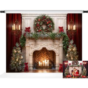 Kate Christmas Fireplace Backdrop Red Curtain Holiday Christmas Wreath Photo Backdrop for Family Professional Photography Studio Props, 7x5ft