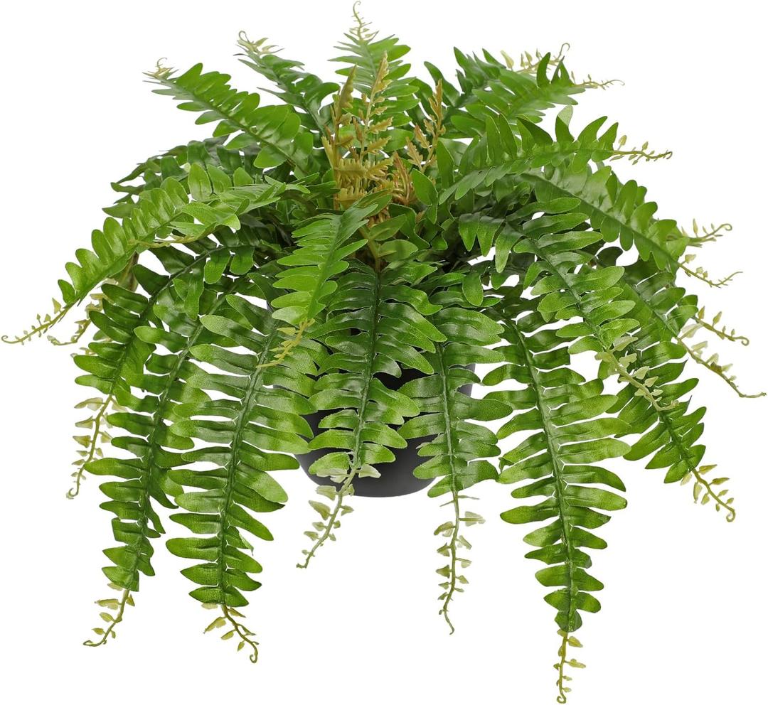Hollyone Artificial Fern Plants in Pot 18.8" Small Artificial Boston Fern 24 Leaves for Outdoors & Indoor Faux Potted Plant Fake Ferns Bush Plant for Patio Garden Farmhouse Porch Home Decor Green