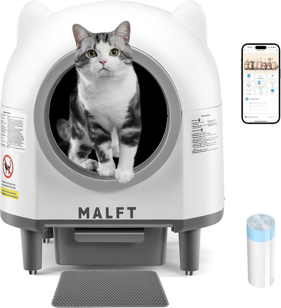 90 L Self Cleaning Litter Box,Automatic Litter Box for Multiple Cats with Safety Protection/App Control/Mat/1 Roll Garbage Bags