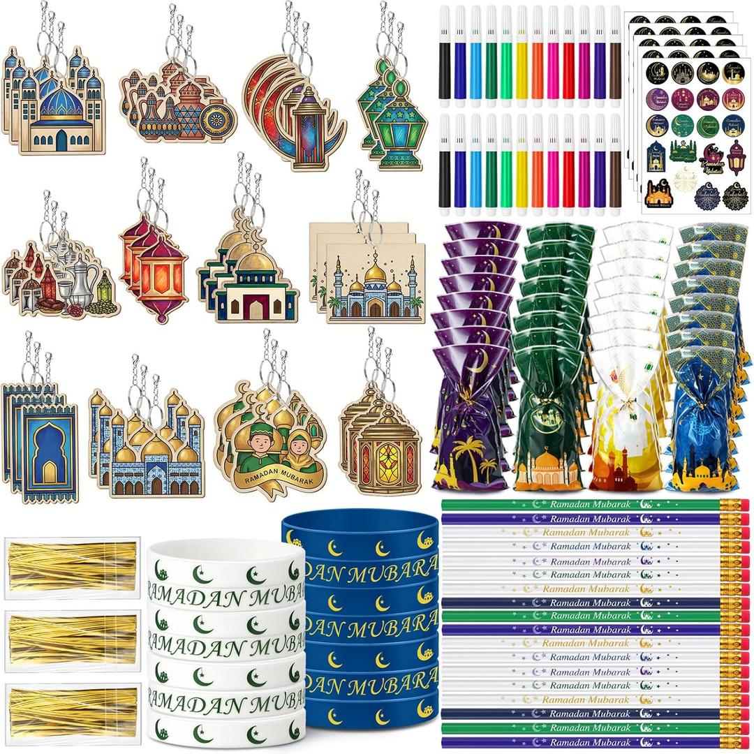 BreezeHug 141 Pcs Ramadan Mubarak Gifts Includes Ramadan Pencils Silicone Wristbands Islamic Stickers Eid Cellophane Gift Bag Colored Pencil Wooden Hanging Ornaments for Mubarak Party Gifts Supplies