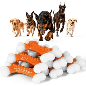 Kseroo 6-Pack Indestructible Dog Toys for Aggressive Chewers: Peanut Butter Flavored Hard Nylon Bone Chew Toys, Tough Dog Chew Toys, Dog Toys to Keep Them Busy for Medium Large Dogs, Orange