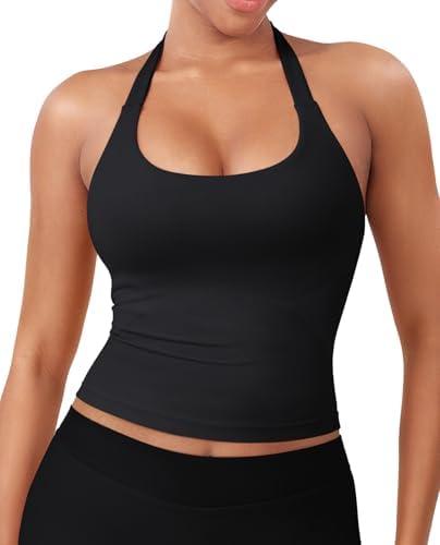 YEOREO SoftHue Women's Impact Halter Tank Top Longline Backless Scoop Neck Built-in Bra Sports Workout Gym Crop Top M