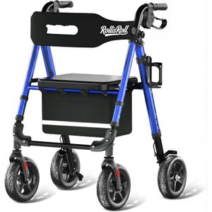 Walkers for Seniors Taller 5.3~7ft, Lightweight Foldable Rollator Walker, Built in Cable, Reinforced Aluminum Frame, 8" Big Rubber Wheels for All Terrain, 350lb Weight Capacity, Blue