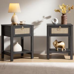 SICOTAS Rattan Nightstand Set of 2, Rattan Decor Drawer with Brass Knobs Night Stand Bedside Table Boho End Tables Side Tables with Storage Shelf for Bedroom,Small Space (Obsidian)