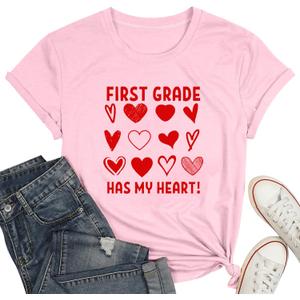 Teacher Shirts for Women-Hello Kindergarten Teacher Short Sleeves Teaching Life Shirt Rainbow Heart Tee Tops (Pink, XL)