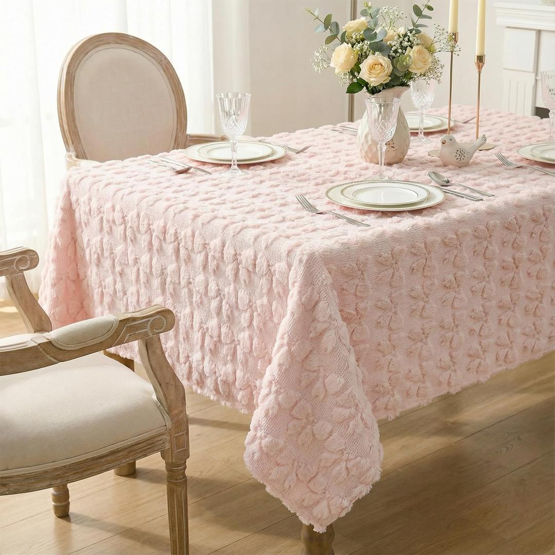 Horaldaily Bow Tablecloth 60×84 Inch Rectangular, Pink Soft Plush Faux Fur Jacquard Bow Table Cover, Seasonal Dining Table Decoration for Dining Party Wedding Bridal Decor
