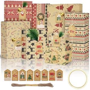 AILAMIDO Christmas Wrapping Gift Paper, 8 Sheets with 32.8ft Jute String, 1 Roll Adhesive Tape and 8 Unique Tags, Kraft Paper for Christmas, 50x70cm 2Pack