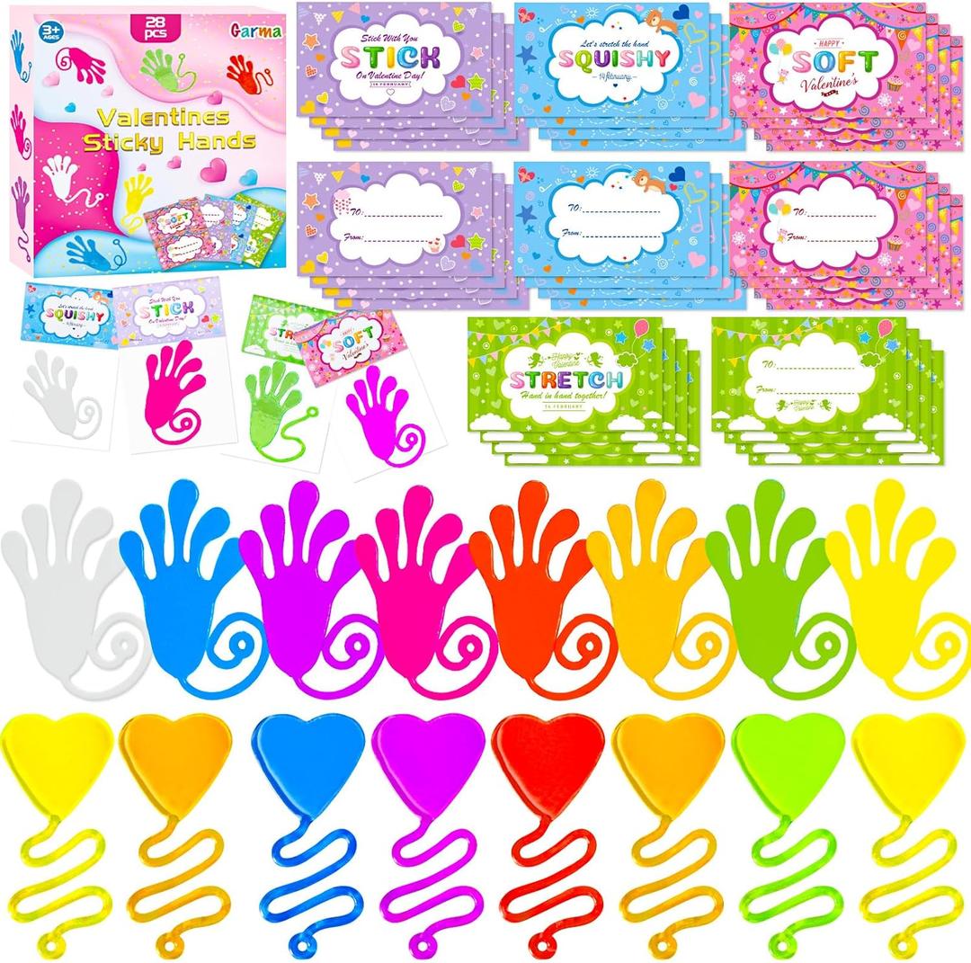 Garma 28 Pack Valentines Gifts Cards for Kids with Love-Heart Style Sticky Hands Toys Valentines Exchange Gifts Classroom Prizes Valentine Party Favors Greeting Cards Goodie Bag Stuffer Fillers
