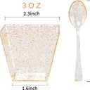bUCLA 100Pack Square Small Dessert Cups-3oz Disposable Gold Glitter Plastic Bowls-100pack Mini Tasting Spoons-Great for Tasting Party Desserts Appetizers, 100pcs Dessert Cups And 100pcs Mini Spoons