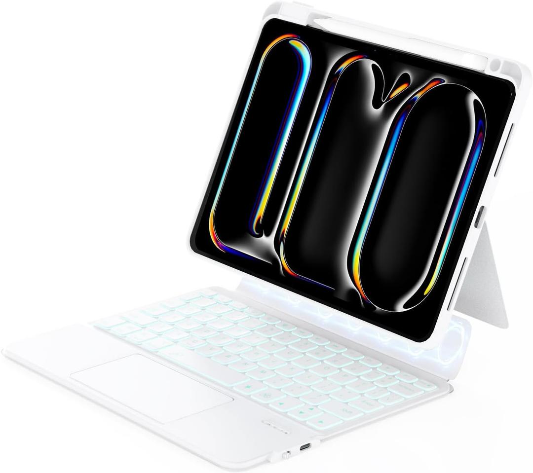 ZENLU iPad Pro 11 inch 2024 Case with Keyboard Detachable, Rugged Protective Case with 7-Color Backlit Keyboard, Multi-Touch Trackpad, Pencil Holder, Vertical Kickstand for iPad Pro 11" M4 (White)