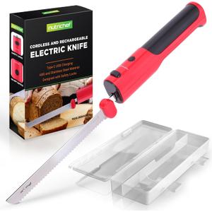 NutriChef Cordless Electric Knife | Easy to Use Constant ON/OFF Safety Function | Lightweight Kitchen Knife | Carve Turkey, Meats, Poultry, Bread & Cheese | 11.42 Stainless Steel Blades | Red