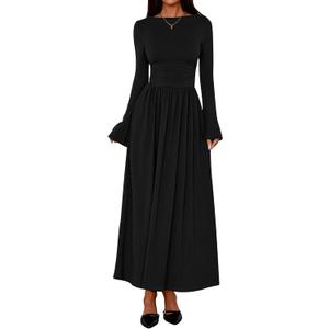 BTFBM Long Sleeve Maxi Dresses for Women 2025 Fall Casual Ruched Boat Neck Flowy Elegant Formal Wedding Guest Dress (Black), XL