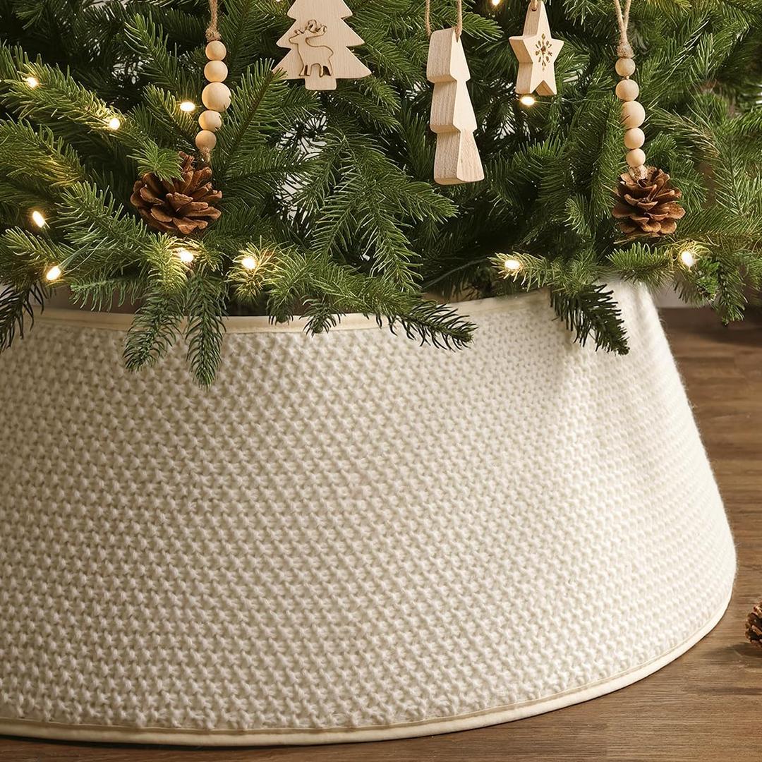 Knitted Christmas Tree Collar: Cream White Linen Knit Full-Cover Crochet Tree Ring, Rustic Size Adjustable Thick Chunky Christmas Tree Base Cover for Artificial Trees Xmas Holiday Home Decor Gifts