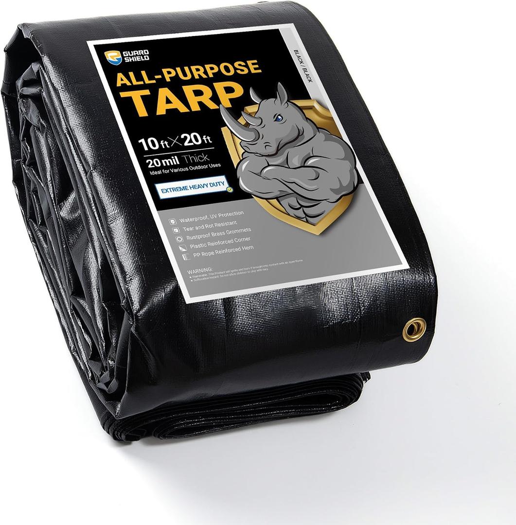GUARD SHIELD Extreme Heavy Duty Black Poly Tarp 10x20 Feet Cover Waterproof Tarps 20mil Thick UV and Tear Resistant Tarpaulin