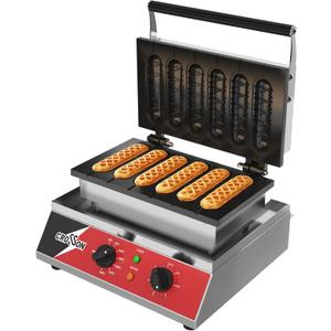 CROSSON Commercial 6PCS Waffle Stick Maker, Non-Stick Triple-Layer Coating Corn Hot Dog Waffle Iron W/ 140-480 Temp Range and 5 Minutes Timer, Machine for Restaurant Bakery Snack Bar-120V/1600W