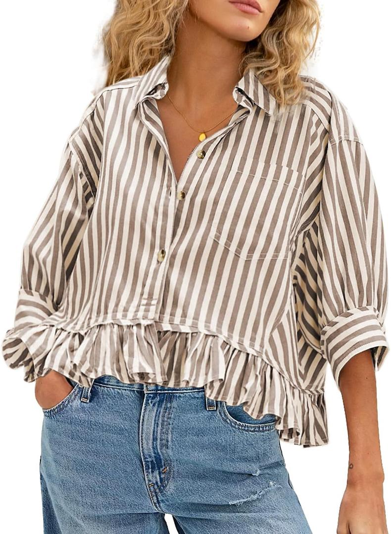 CHYRII Womens Summer Tops Dressy Casual Blouse Top Ruffled Short Sleeve Button Down Striped Shirt Tan M